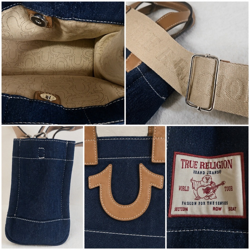 True Religion Denim Mini Tote Bag Y2K Crossbody Dark Wash Blue Tan NWOT - Picture 2 of 2